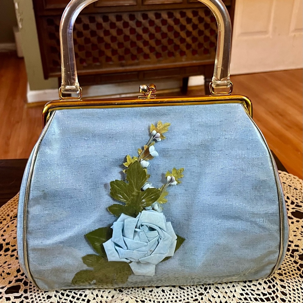 Vintage RARE Julius Resnick JR USA Lucite Handle Vinyl Linen Floral Rose Purse